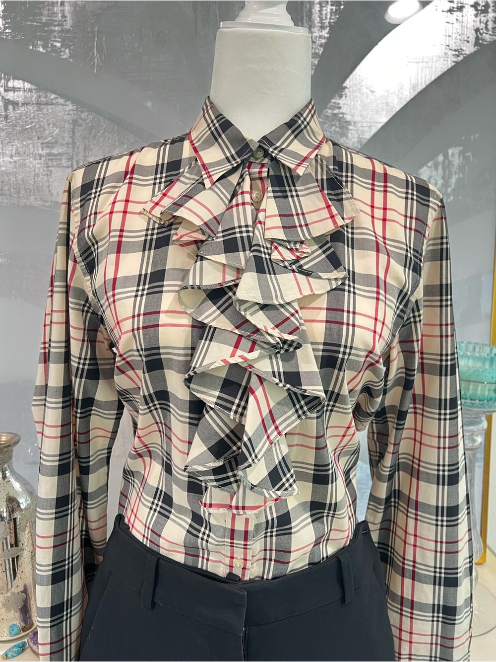 Ralph Lauren Plaid Ruffle Front Button-Up Shirt - Cream/Black/Red - Picture 8 of 12